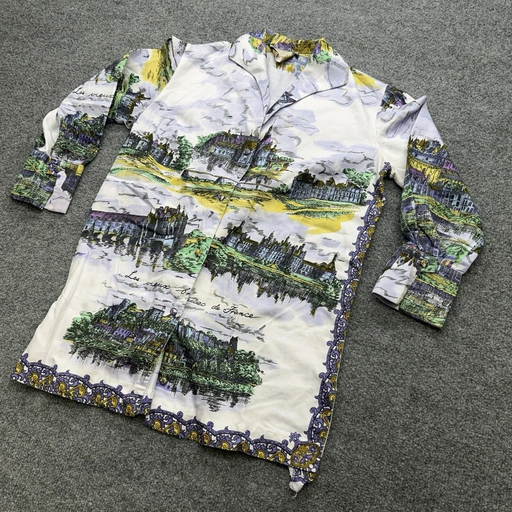 Vintage France Women's Button Up Shirt Paintings City Art Size Large Purple - Picture 3 of 8